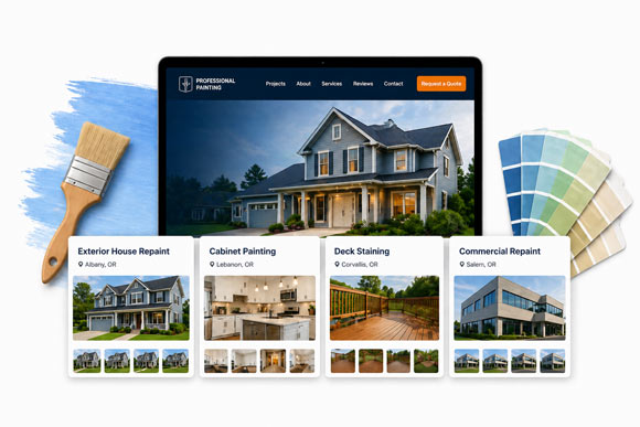Painting contractor website with individual project pages for exterior repaints, cabinet painting, deck staining, and commercial work.