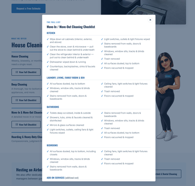 An expandable cleaning checklist keeps detailed move-in and move-out service information accessible without overwhelming the residential cleaning page, helping visitors quickly review tasks by room and understand what is included.