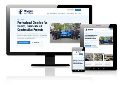 Maggie's Super Clean's redesigned website adapts across desktop, tablet, and mobile screens, giving residential customers, businesses, and contractors clear access to service information and estimate requests.