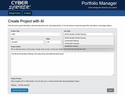 Maggie&rsquo;s Super Clean&rsquo;s customized Portfolio Manager makes it easy to add completed jobs as organized website pages, with project details, service categories, notes, and photos entered through one streamlined form.